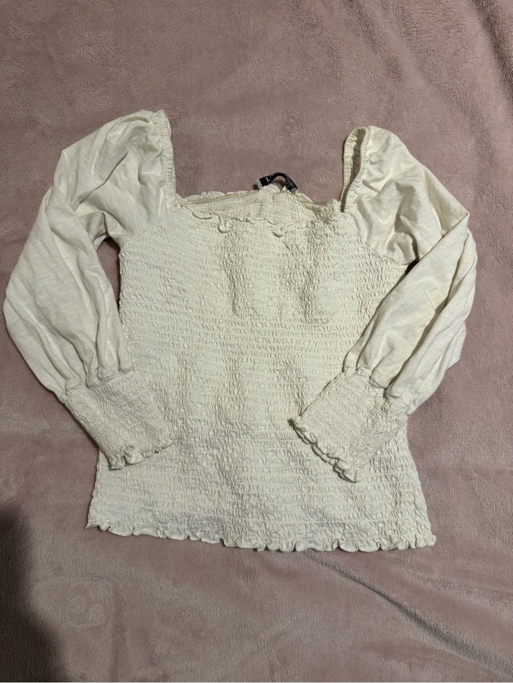 Dex Cream Smocked Square-Neck Long Sleeve Top